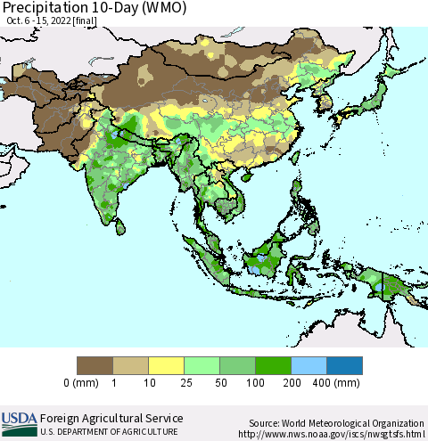 Asia Precipitation 10-Day (WMO) Thematic Map For 10/6/2022 - 10/15/2022