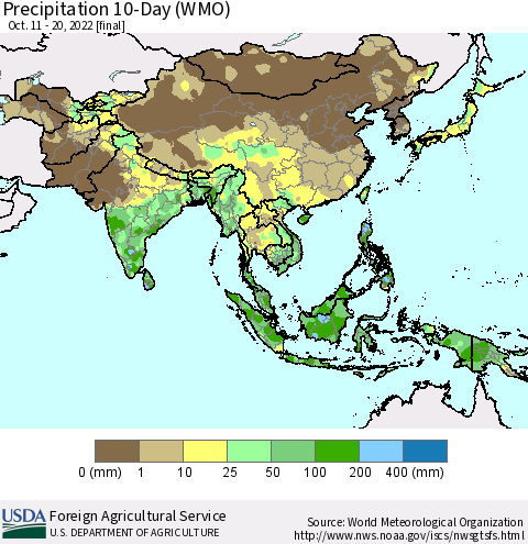 Asia Precipitation 10-Day (WMO) Thematic Map For 10/11/2022 - 10/20/2022