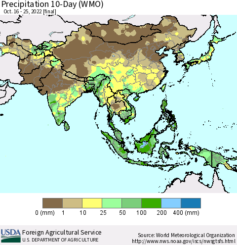 Asia Precipitation 10-Day (WMO) Thematic Map For 10/16/2022 - 10/25/2022