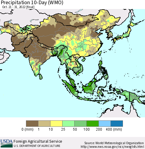 Asia Precipitation 10-Day (WMO) Thematic Map For 10/21/2022 - 10/31/2022