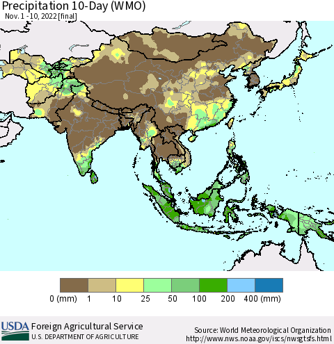 Asia Precipitation 10-Day (WMO) Thematic Map For 11/1/2022 - 11/10/2022
