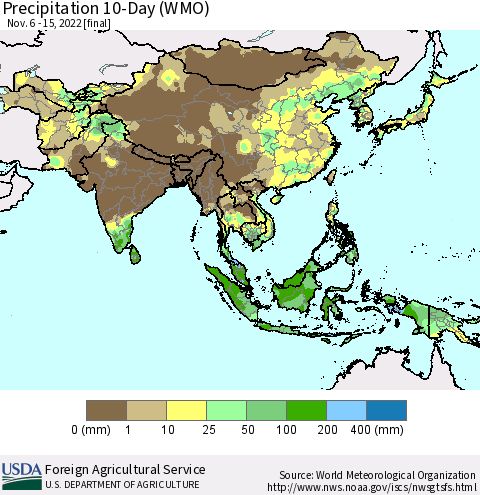 Asia Precipitation 10-Day (WMO) Thematic Map For 11/6/2022 - 11/15/2022