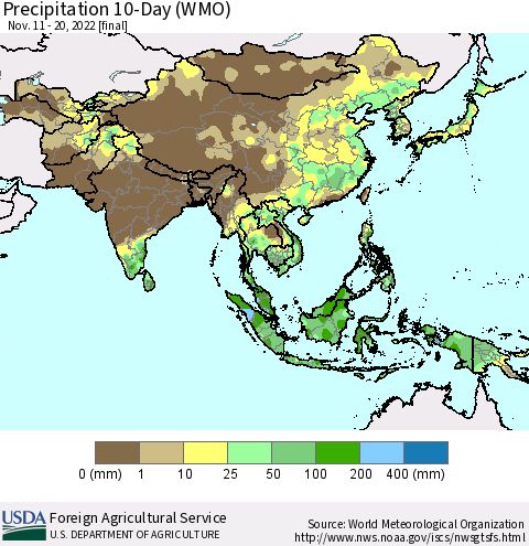 Asia Precipitation 10-Day (WMO) Thematic Map For 11/11/2022 - 11/20/2022