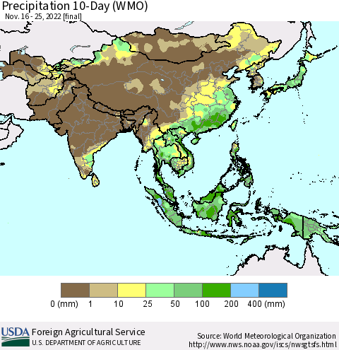 Asia Precipitation 10-Day (WMO) Thematic Map For 11/16/2022 - 11/25/2022
