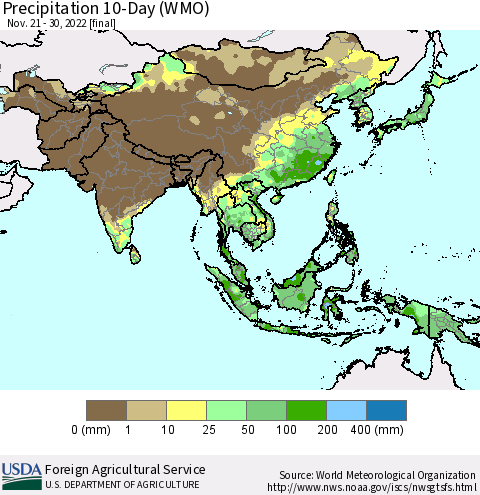 Asia Precipitation 10-Day (WMO) Thematic Map For 11/21/2022 - 11/30/2022
