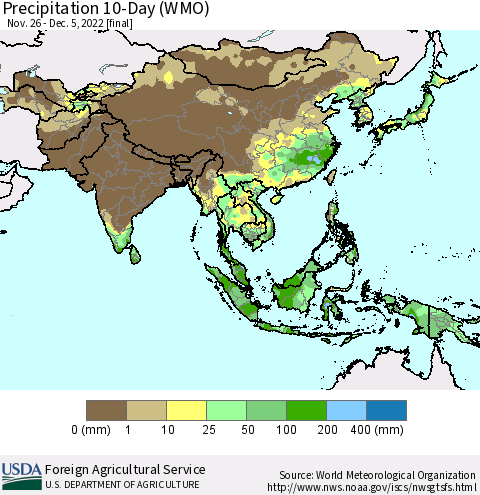 Asia Precipitation 10-Day (WMO) Thematic Map For 11/26/2022 - 12/5/2022