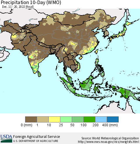 Asia Precipitation 10-Day (WMO) Thematic Map For 12/11/2022 - 12/20/2022
