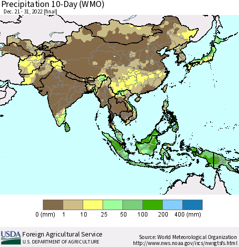 Asia Precipitation 10-Day (WMO) Thematic Map For 12/21/2022 - 12/31/2022