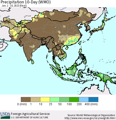 Asia Precipitation 10-Day (WMO) Thematic Map For 1/1/2023 - 1/10/2023