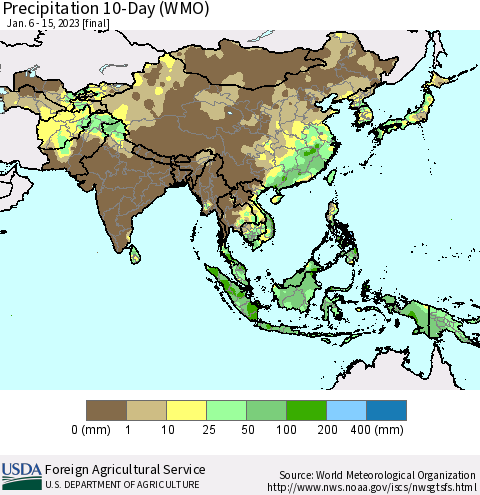 Asia Precipitation 10-Day (WMO) Thematic Map For 1/6/2023 - 1/15/2023