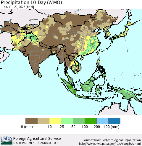Asia Precipitation 10-Day (WMO) Thematic Map For 1/11/2023 - 1/20/2023