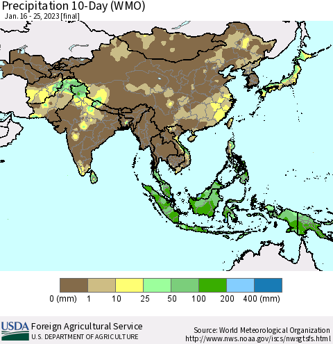 Asia Precipitation 10-Day (WMO) Thematic Map For 1/16/2023 - 1/25/2023