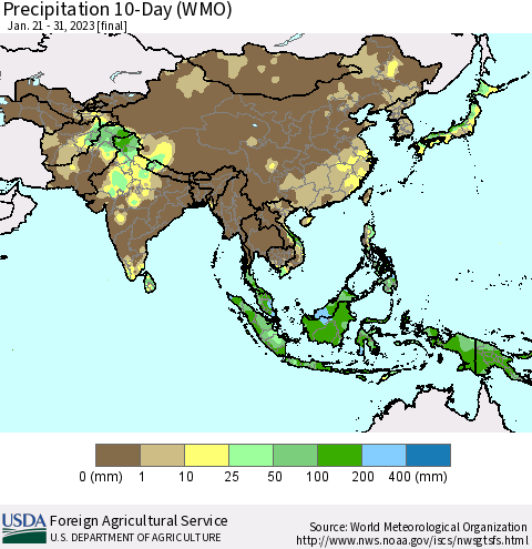 Asia Precipitation 10-Day (WMO) Thematic Map For 1/21/2023 - 1/31/2023