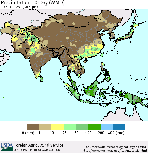 Asia Precipitation 10-Day (WMO) Thematic Map For 1/26/2023 - 2/5/2023