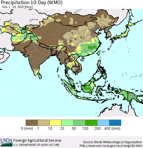 Asia Precipitation 10-Day (WMO) Thematic Map For 2/1/2023 - 2/10/2023