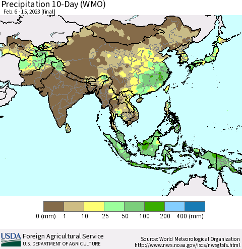 Asia Precipitation 10-Day (WMO) Thematic Map For 2/6/2023 - 2/15/2023