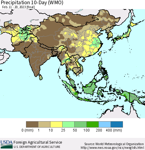 Asia Precipitation 10-Day (WMO) Thematic Map For 2/11/2023 - 2/20/2023