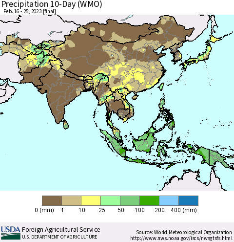 Asia Precipitation 10-Day (WMO) Thematic Map For 2/16/2023 - 2/25/2023