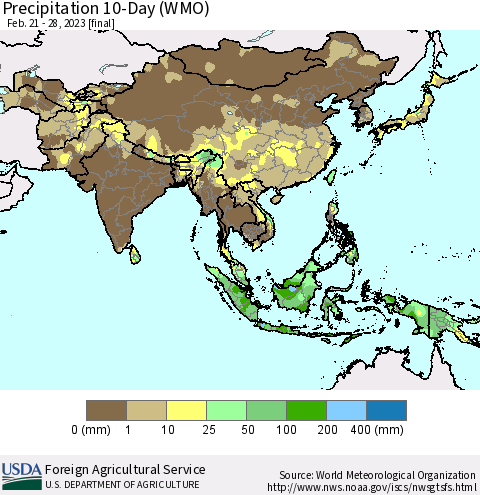Asia Precipitation 10-Day (WMO) Thematic Map For 2/21/2023 - 2/28/2023