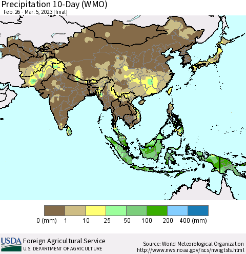 Asia Precipitation 10-Day (WMO) Thematic Map For 2/26/2023 - 3/5/2023