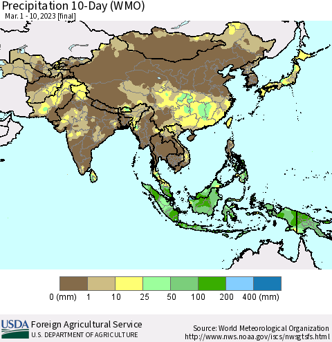 Asia Precipitation 10-Day (WMO) Thematic Map For 3/1/2023 - 3/10/2023