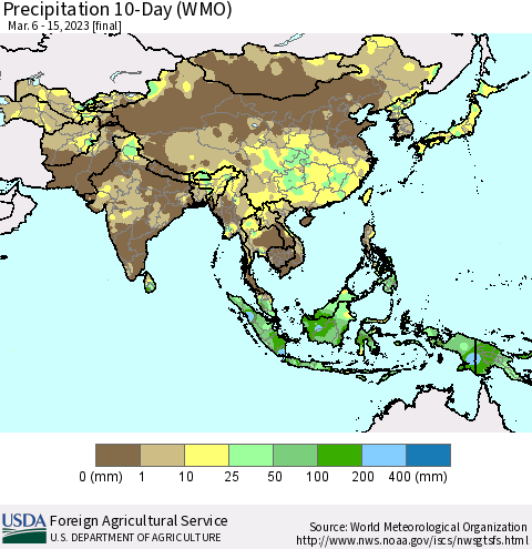 Asia Precipitation 10-Day (WMO) Thematic Map For 3/6/2023 - 3/15/2023