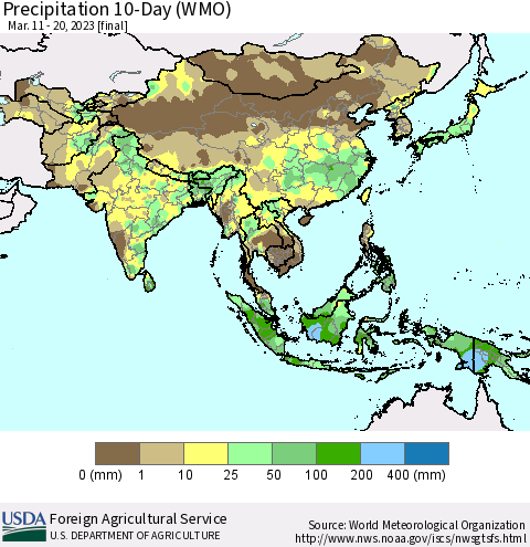 Asia Precipitation 10-Day (WMO) Thematic Map For 3/11/2023 - 3/20/2023