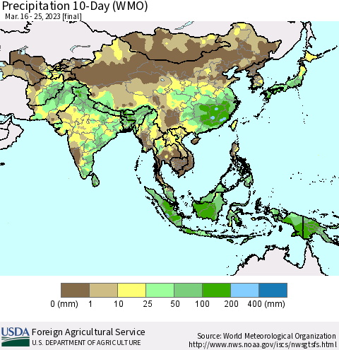 Asia Precipitation 10-Day (WMO) Thematic Map For 3/16/2023 - 3/25/2023