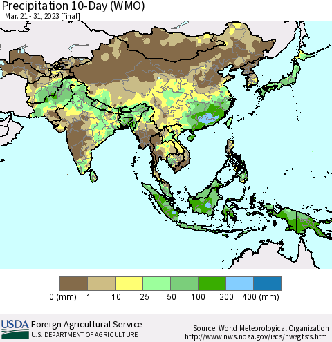 Asia Precipitation 10-Day (WMO) Thematic Map For 3/21/2023 - 3/31/2023