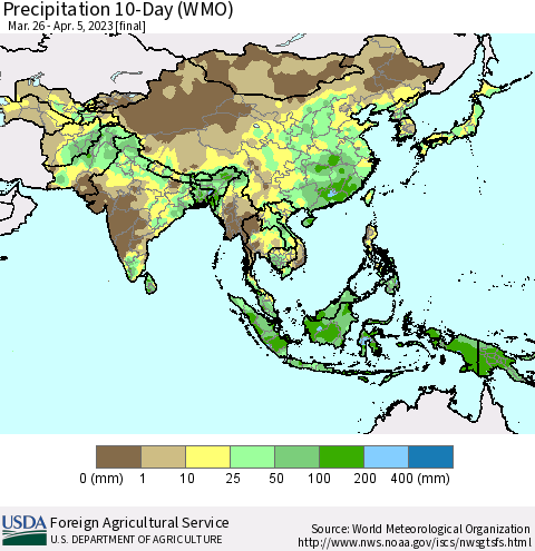 Asia Precipitation 10-Day (WMO) Thematic Map For 3/26/2023 - 4/5/2023