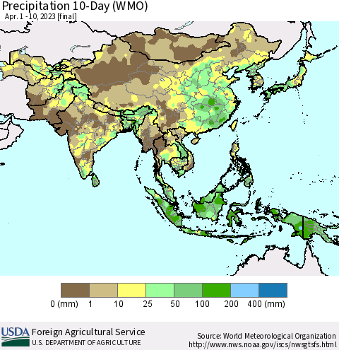 Asia Precipitation 10-Day (WMO) Thematic Map For 4/1/2023 - 4/10/2023