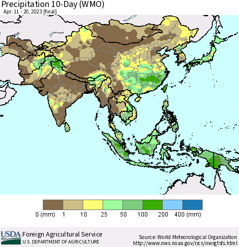 Asia Precipitation 10-Day (WMO) Thematic Map For 4/11/2023 - 4/20/2023