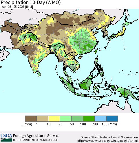 Asia Precipitation 10-Day (WMO) Thematic Map For 4/16/2023 - 4/25/2023