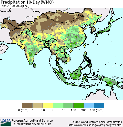 Asia Precipitation 10-Day (WMO) Thematic Map For 4/21/2023 - 4/30/2023