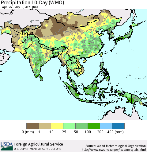 Asia Precipitation 10-Day (WMO) Thematic Map For 4/26/2023 - 5/5/2023