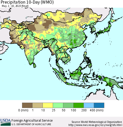 Asia Precipitation 10-Day (WMO) Thematic Map For 5/1/2023 - 5/10/2023