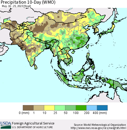 Asia Precipitation 10-Day (WMO) Thematic Map For 5/16/2023 - 5/25/2023