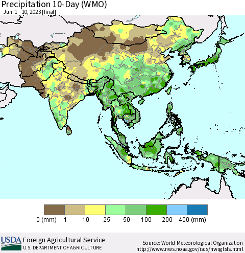 Asia Precipitation 10-Day (WMO) Thematic Map For 6/1/2023 - 6/10/2023