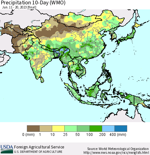 Asia Precipitation 10-Day (WMO) Thematic Map For 6/11/2023 - 6/20/2023