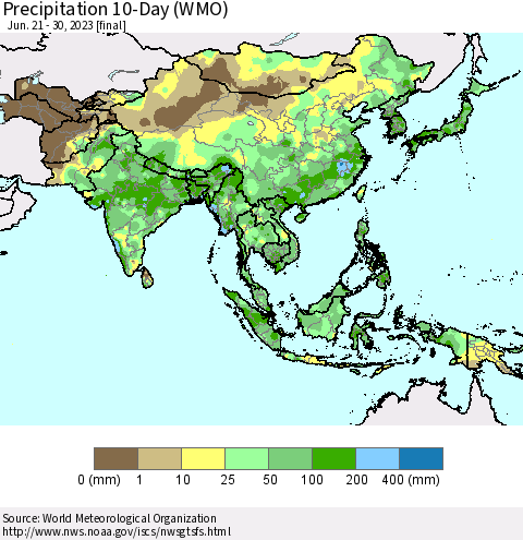 Asia Precipitation 10-Day (WMO) Thematic Map For 6/21/2023 - 6/30/2023