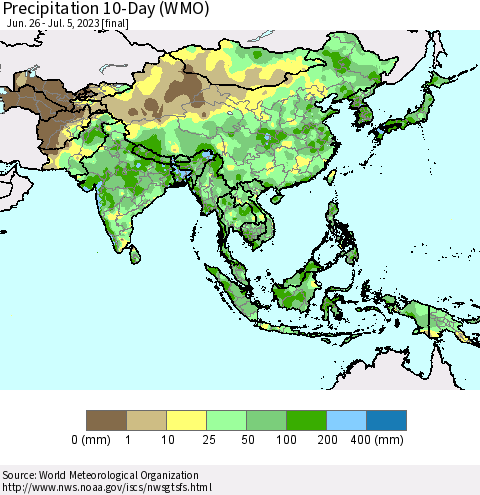 Asia Precipitation 10-Day (WMO) Thematic Map For 6/26/2023 - 7/5/2023