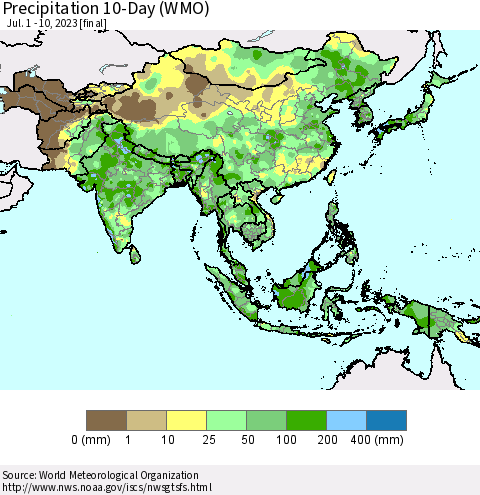 Asia Precipitation 10-Day (WMO) Thematic Map For 7/1/2023 - 7/10/2023