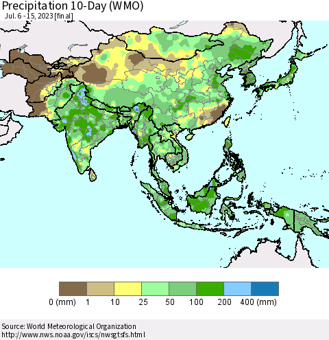 Asia Precipitation 10-Day (WMO) Thematic Map For 7/6/2023 - 7/15/2023