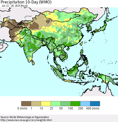 Asia Precipitation 10-Day (WMO) Thematic Map For 7/11/2023 - 7/20/2023