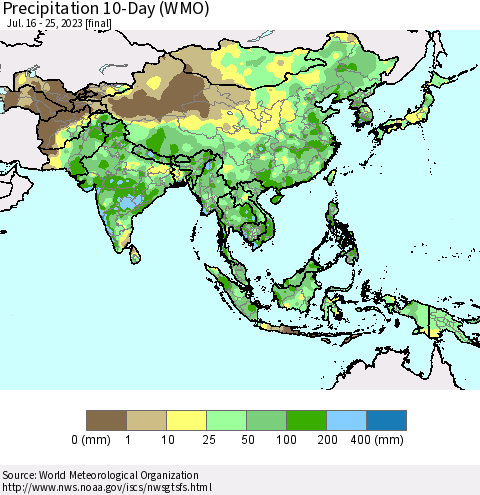 Asia Precipitation 10-Day (WMO) Thematic Map For 7/16/2023 - 7/25/2023