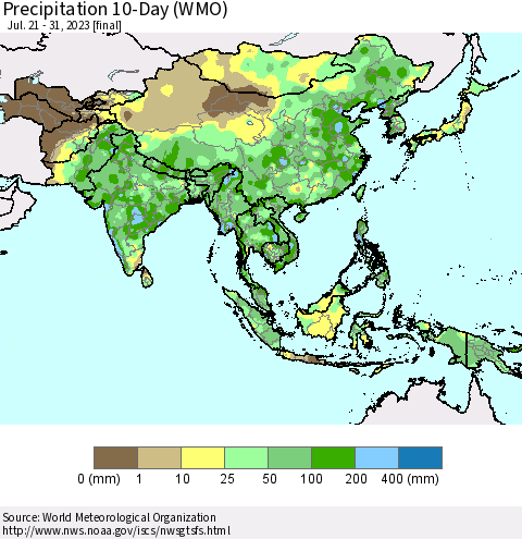 Asia Precipitation 10-Day (WMO) Thematic Map For 7/21/2023 - 7/31/2023