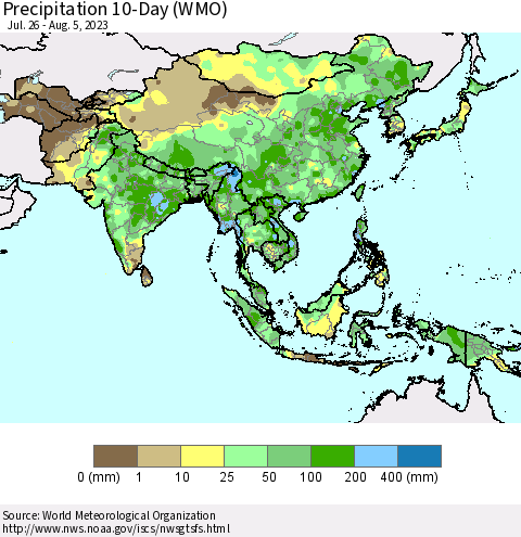 Asia Precipitation 10-Day (WMO) Thematic Map For 7/26/2023 - 8/5/2023
