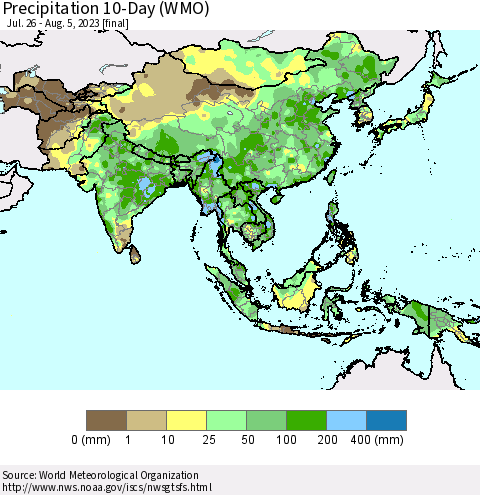 Asia Precipitation 10-Day (WMO) Thematic Map For 7/26/2023 - 8/5/2023