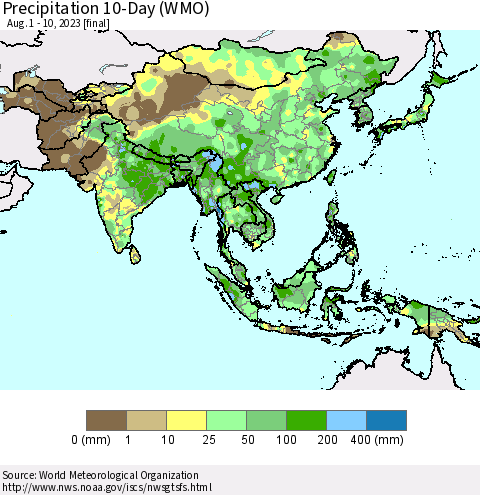 Asia Precipitation 10-Day (WMO) Thematic Map For 8/1/2023 - 8/10/2023