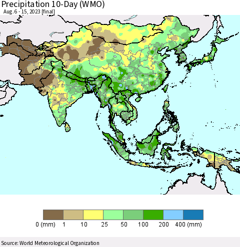 Asia Precipitation 10-Day (WMO) Thematic Map For 8/6/2023 - 8/15/2023